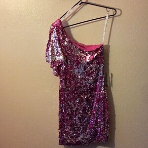 NWT Profile pink and silver sequins one sleeve double fabric dress size S.